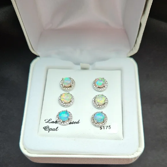 Opal Silver Stud Earrings Set - Picture 7 of 7